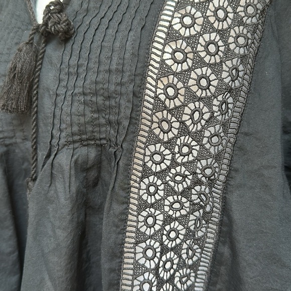 Levis Women’s Peasant Top Black Sheer Boho 3/4 Balloon Sleeve Tassel Tie Lace L - Picture 5 of 13